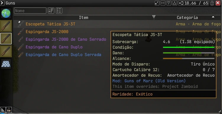 Inventário do Project Zomboid com armas de diferentes raridades e tooltip Exótico.
